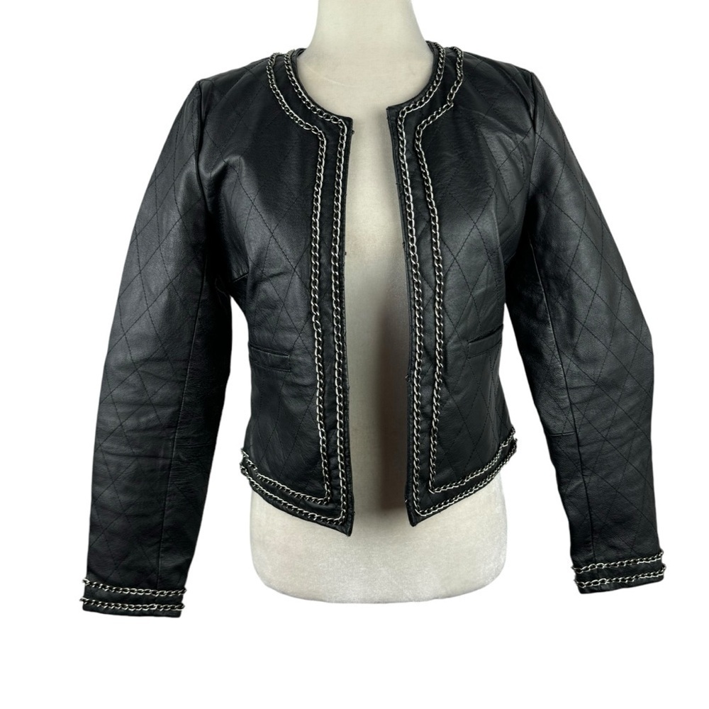 Boston Proper Genuine Leather Cropped Biker Jacket Metallic Chain Trim Size 4